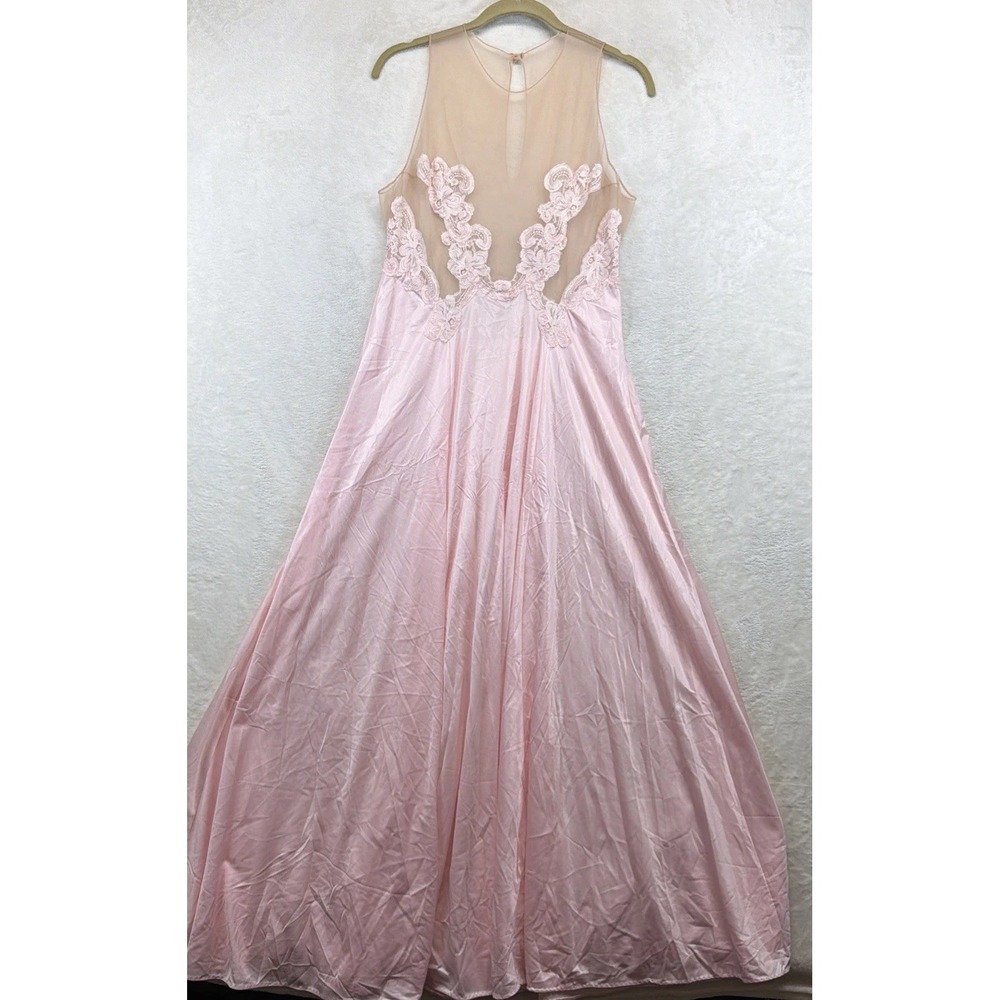 Vintage Sears Pink Nylon Nightgown Lace Sheer Bodice Sleeveless Women's Large